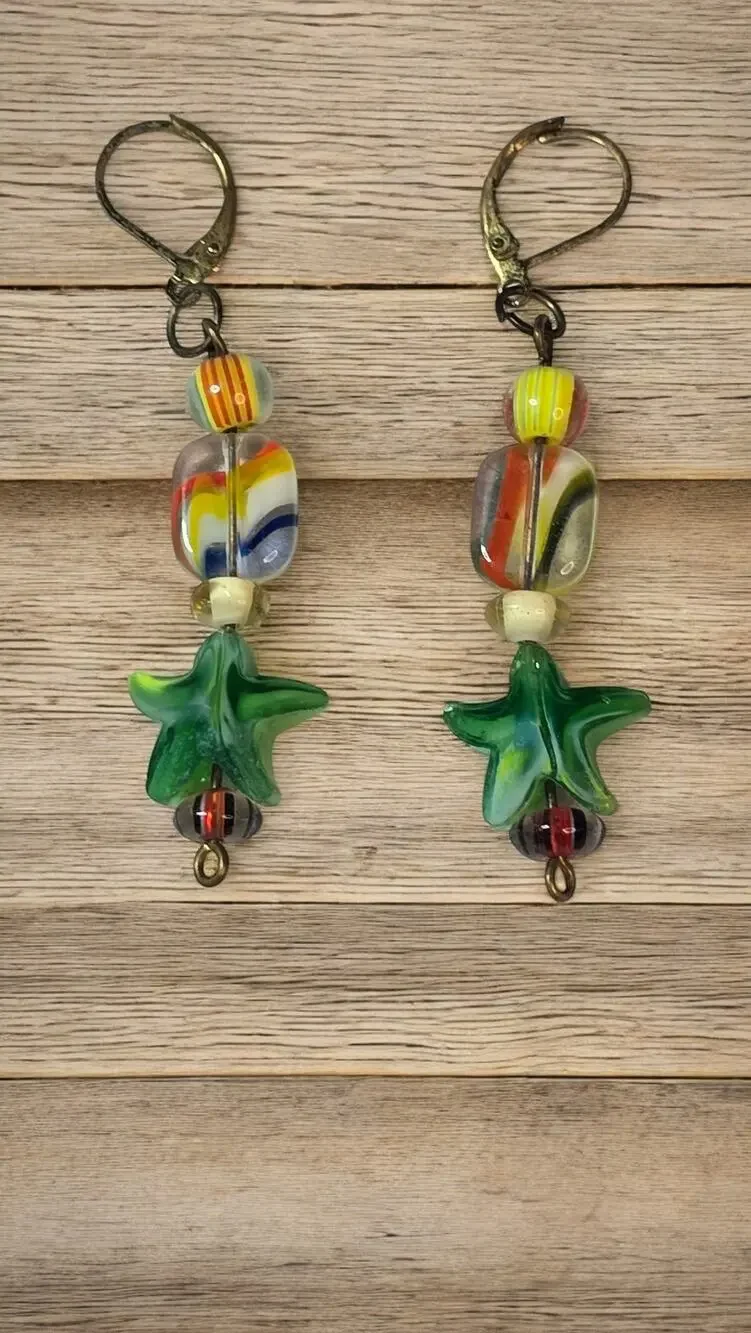 Art Glass Star Dangle Earrings Multicolor Lampwork Beaded Whimsical Artisan